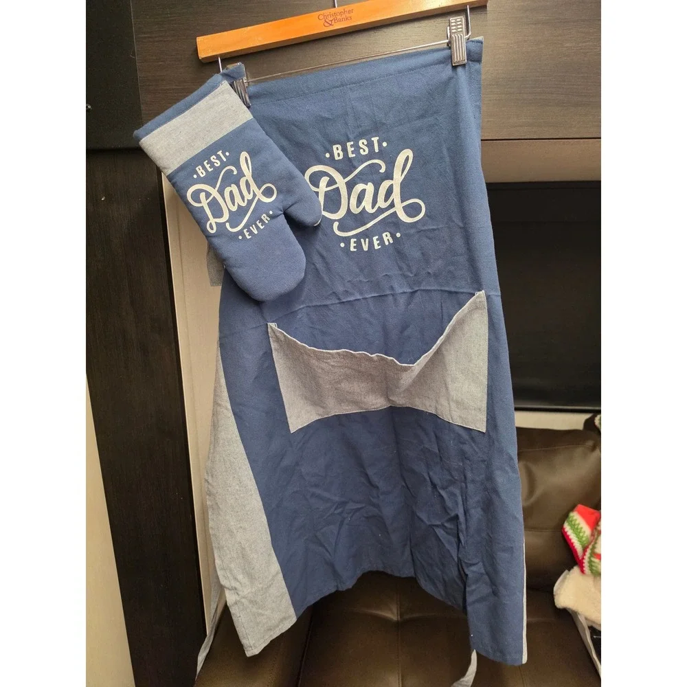 Best Dad Ever Blue Gray Apron and Oven Mitt Set Kitchen Grilling BBQ Gift